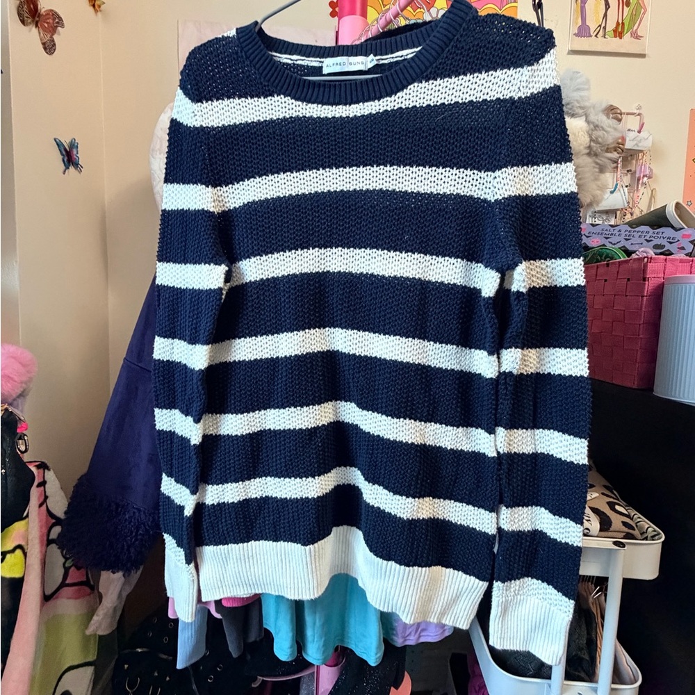 ALFRED SUNG Classic Navy and Cream Striped Sweater 100% Cotton